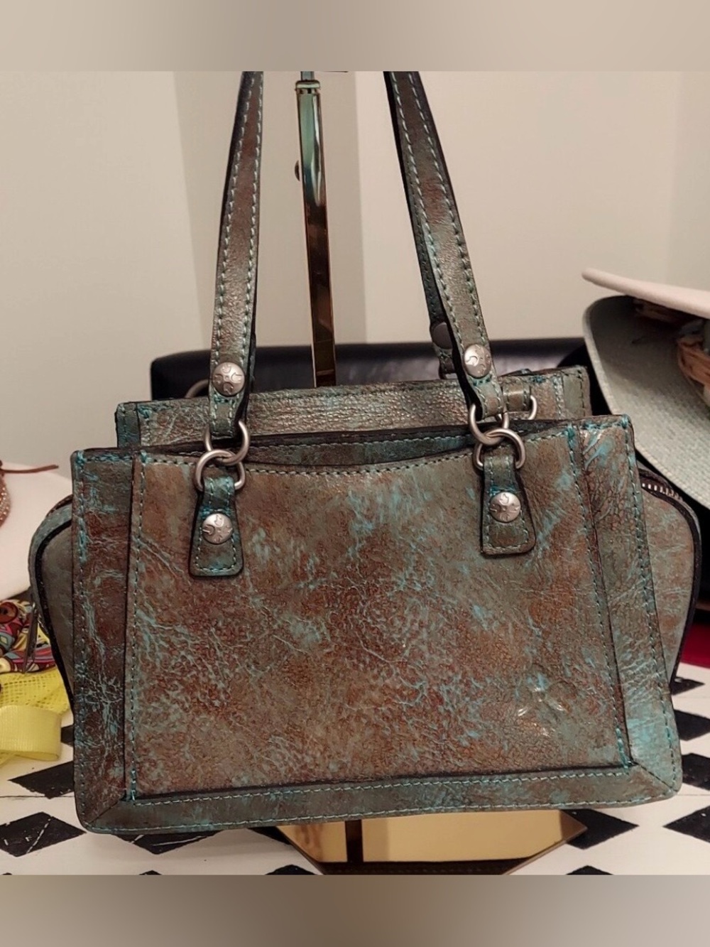 Patricia Nash Turquoise and Brown Tooled Leather Satchel - Picture 3 of 8